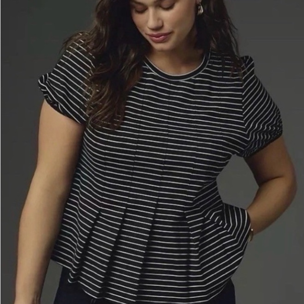 Anthropologie Maeve Black and White Striped Puffed Short Sleeve Peplum Top